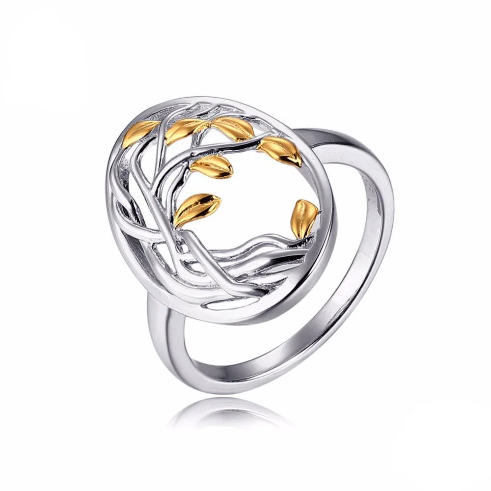 Bague Arbre De Vie Et Feuilles D'Or En Argent 925