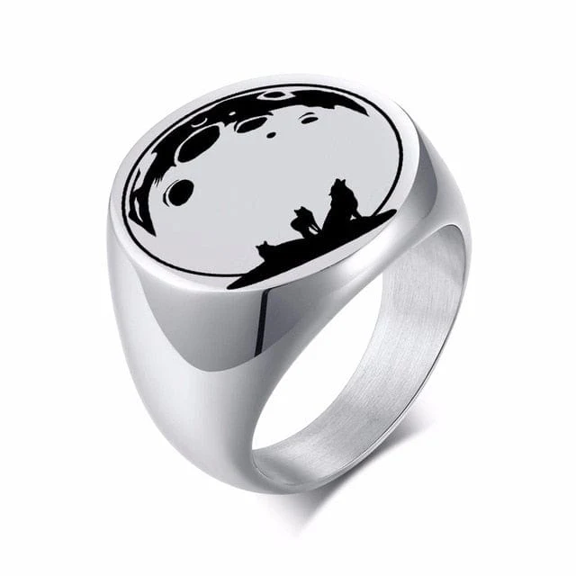 Bague Chevalière Viking Loup Fenrir Et Lune