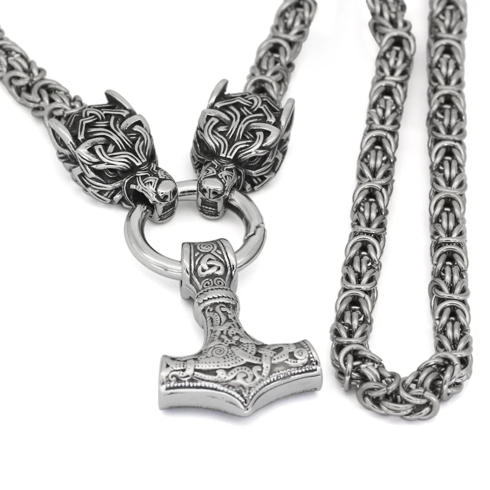 Collier Viking Marteau de Thor Et têtes de loups En acier inoxydable - Image 2