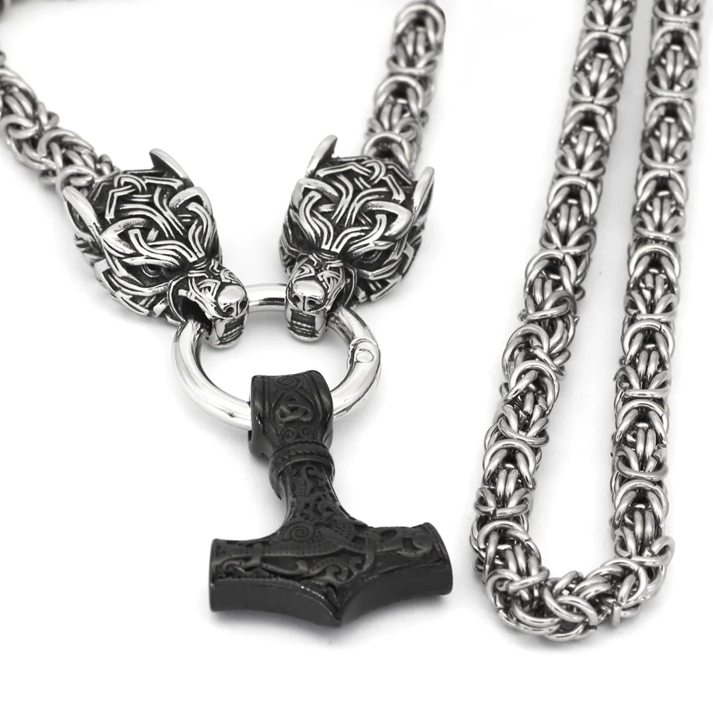 Collier Viking Marteau de Thor Et têtes de loups En acier inoxydable - Image 3